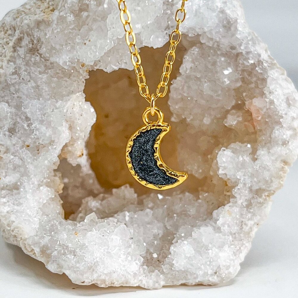320 14k Gold Black Glitter Resin Moon Charm Handmade Pendant Necklace 13$